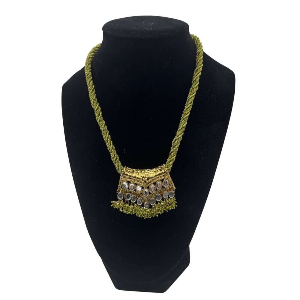 Gold-Tone Pendant Necklace With Green Braided Cord & Embellished Stones